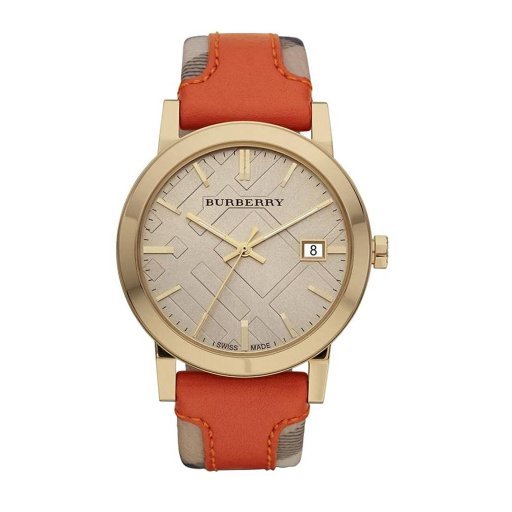 Burberry The City Gold Dial Orange Leather Strap Watch for Women - BU9016 Watches Burberry   