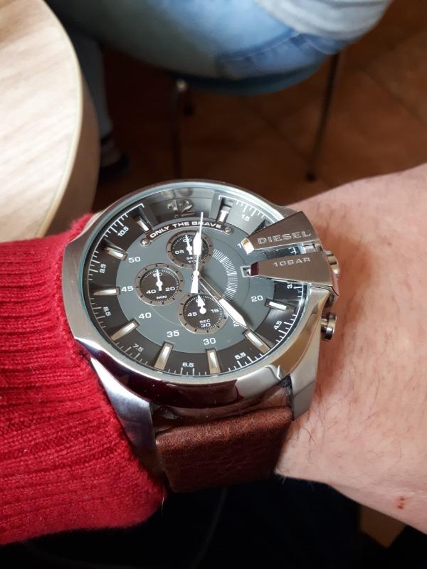 Diesel Mega Chief Black & Silver Round Dial Brown Leather Watch For Men - DZ4290 Watches Diesel   