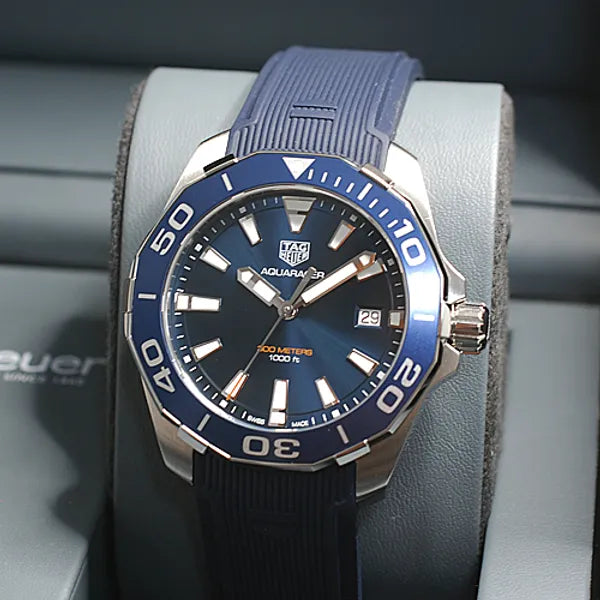 Tag Heuer Aquaracer 41mm Blue Dial Blue Rubber Strap Watch for Men - WAY111C.FT6155 Watches Tag Heuer   