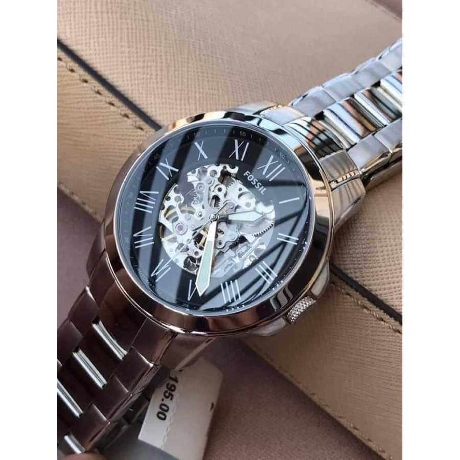 Fossil Grant Automatic Skeleton Black Dial Silver Steel Strap Watch for Men - ME3103 Watches Fossil   