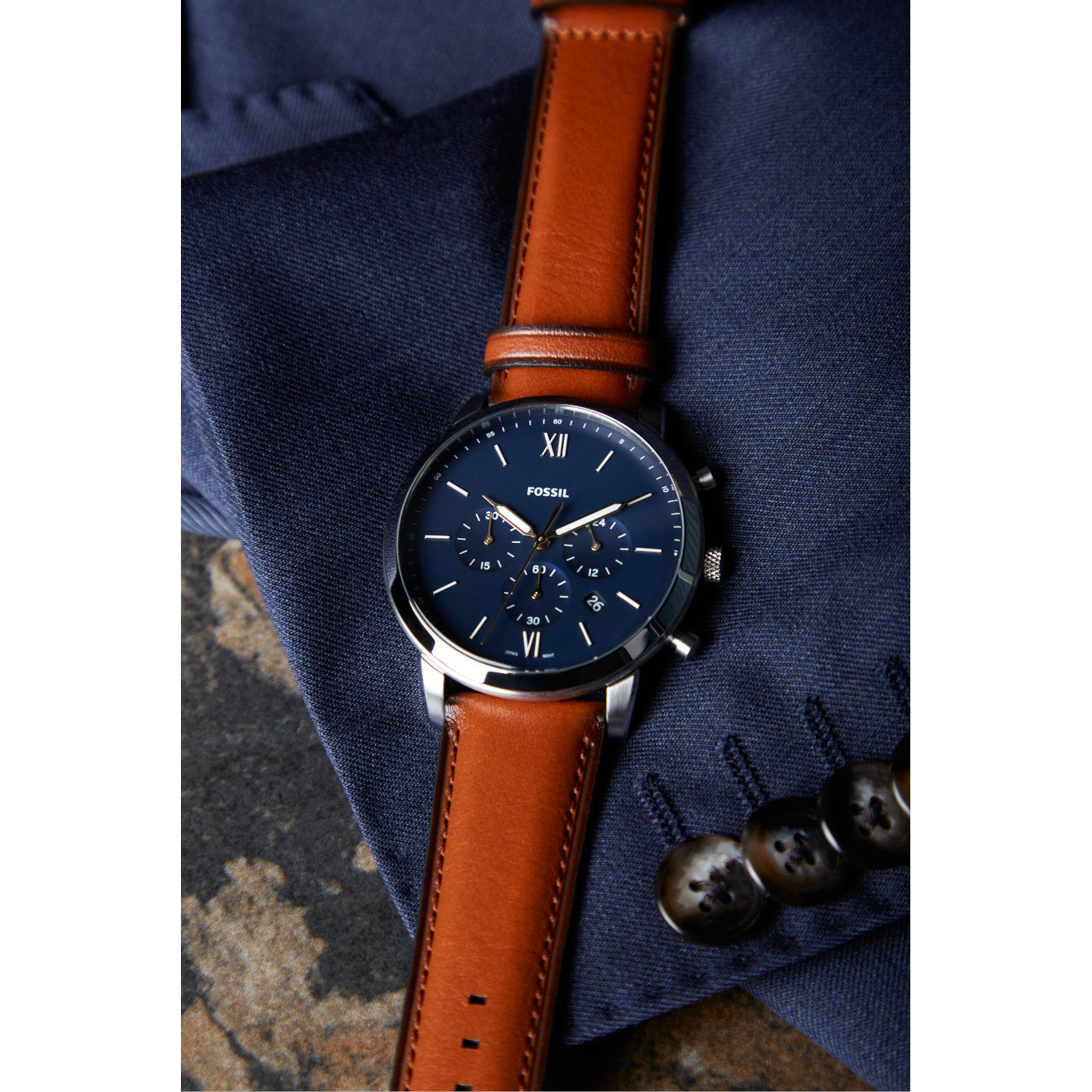 Fossil Neutra Chronograph Blue Dial Brown Leather Strap Watch for Men - FS5453 Watches Fossil   