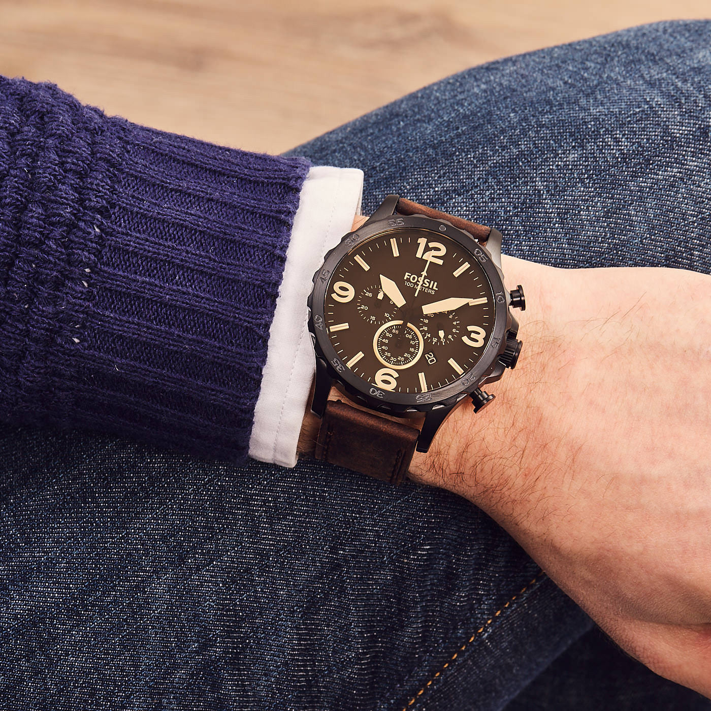 Fossil Nate Chronograph Brown Dial Brown Leather Strap Watch for Men - JR1487 Watches Fossil   