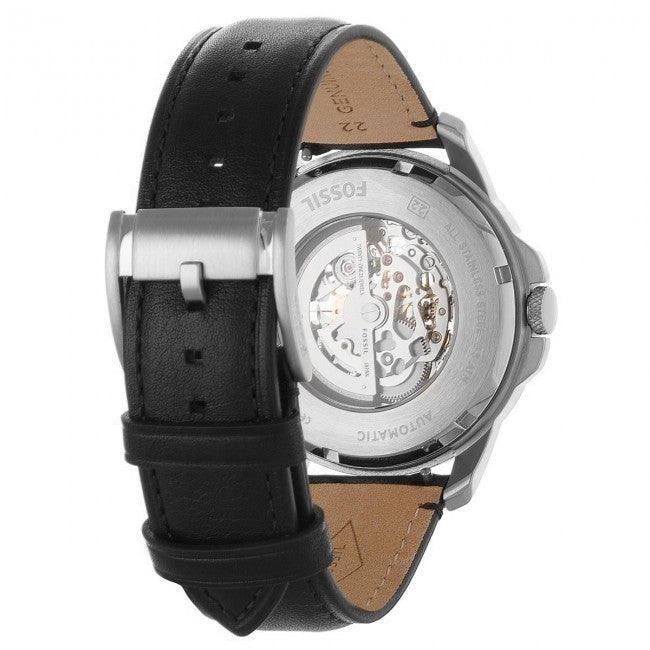 Fossil Grant Automatic Skeleton White Dial Black Leather Strap Watch for Men - ME3101 Watches Fossil   