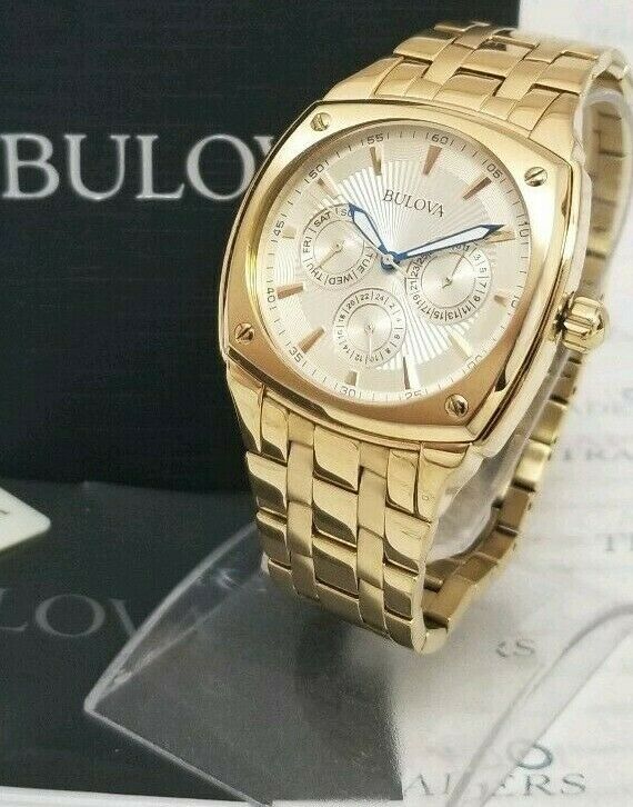 Bulova Multifunction White Dial Gold Steel Strap Watch for Men - 97C105 Watches Bulova   