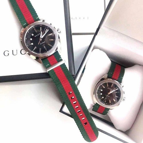 Gucci GG2570 Black Dial Green & Red Nylon Strap Watch For Men - YA142305 Watches Gucci   