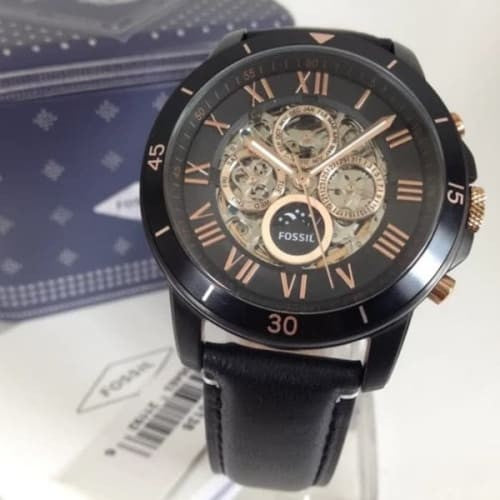 Fossil Grant Sport Automatic Skeleton Black Dial Black Leather Strap Watch for Men - ME3138 Watches Fossil   