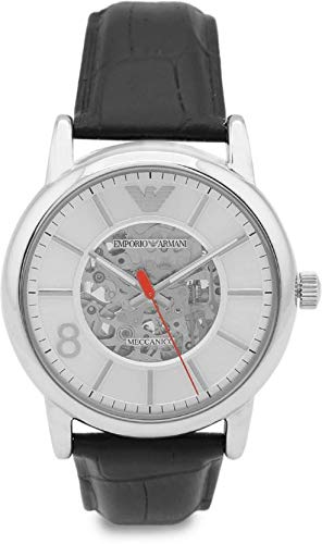 Emporio Armani Meccanico Silver Skeleton Dial Black Leather Watch For Men - AR1997 Watches Emporio Armani   