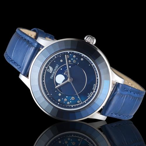 Swarovski Octea Lux Moon Crystal Blue Dial Blue Leather Strap Watch for Women - 5516305 Watches Swarovski   