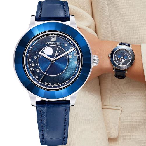Swarovski Octea Lux Moon Crystal Blue Dial Blue Leather Strap Watch for Women - 5516305 Watches Swarovski   