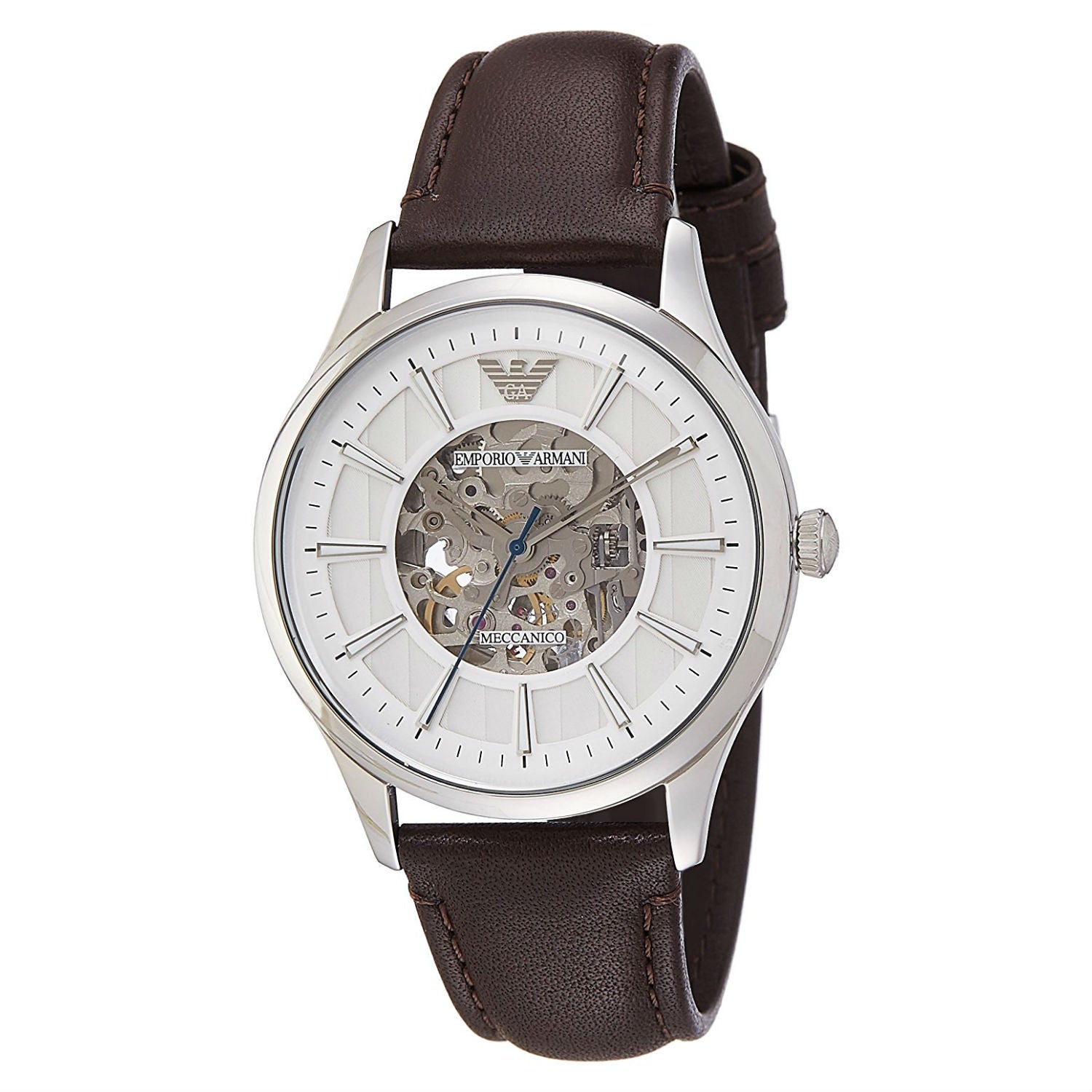 Emporio Armani Meccanico White Dial Brown Leather Strap Watch For Men - AR1946 Watches Emporio Armani   