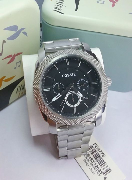 Fossil Machine Chronograph Black Dial Silver Steel Strap Watch for Men - FS4776 Watches Fossil   