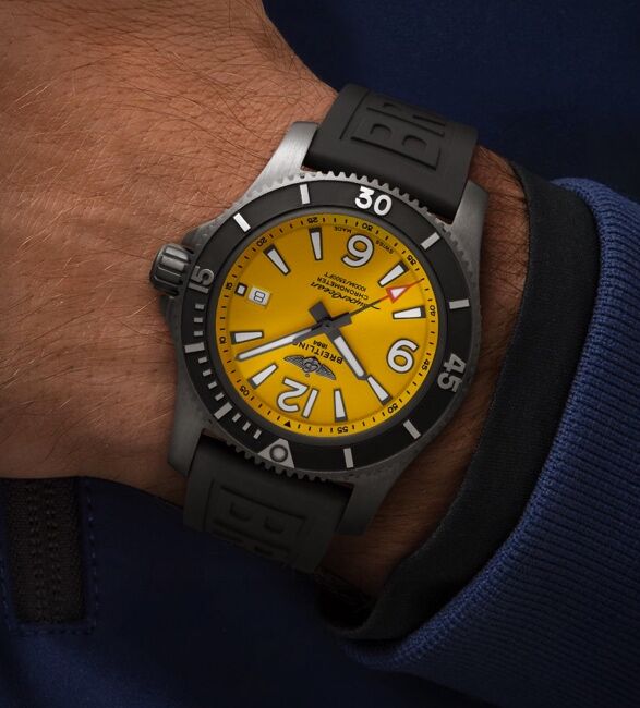 Breitling Superocean Automatic 46mm Yellow Dial Black Rubber Strap Watch for Men - M17368D71I1S1 Watches Breitling   
