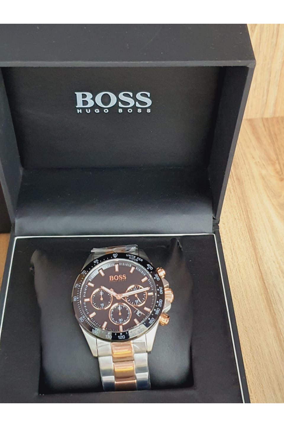 Hugo Boss Here Chronograph Black Dial Two Tone Steel Strap Watch for Men - 1513757 Watches Hugo Boss   