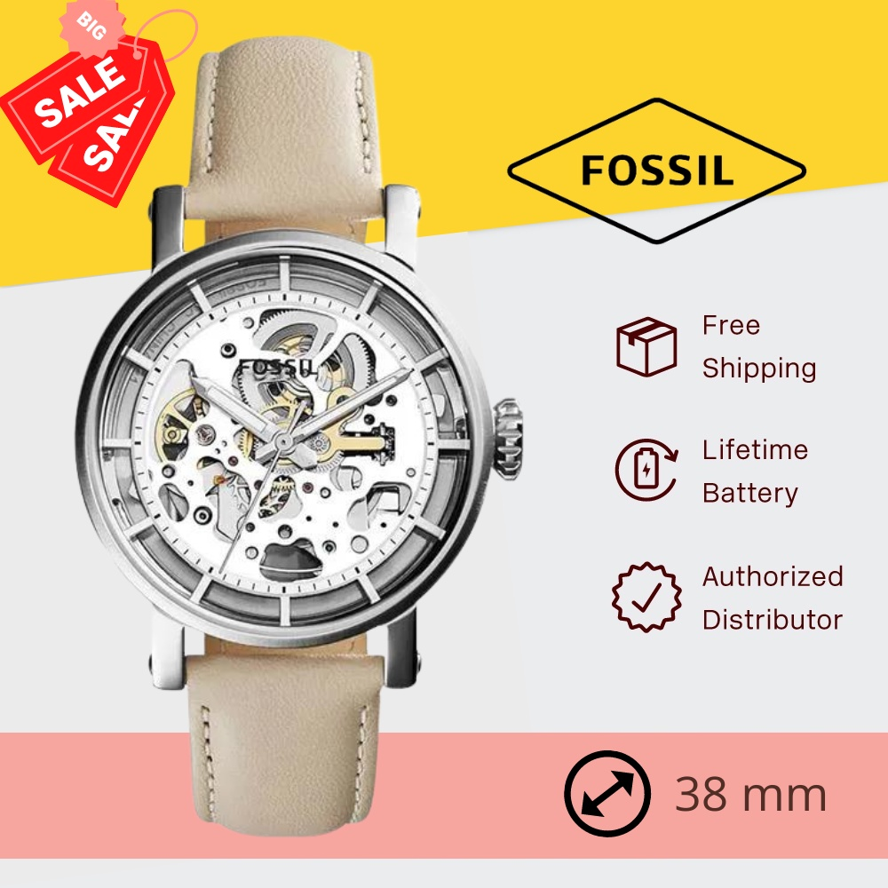 Fossil Boyfriend Automatic Skeleton Silver Dial White Leather Strap Watch for Women - ME3069 Watches Fossil   