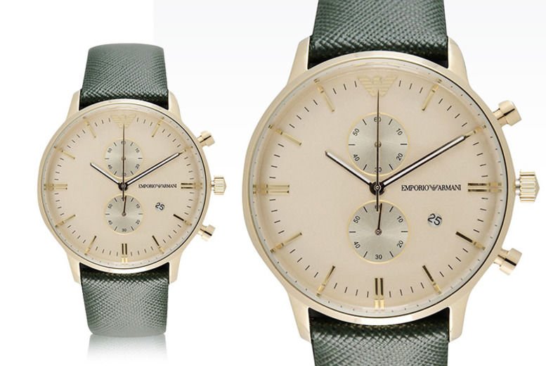 Emporio Armani Chronograph Champagne Dial Green Leather Strap Watch For Men - AR1722 Watches Emporio Armani   