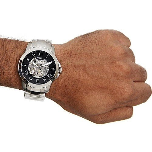 Fossil Grant Automatic Skeleton Black Dial Silver Steel Strap Watch for Men - ME3103 Watches Fossil   