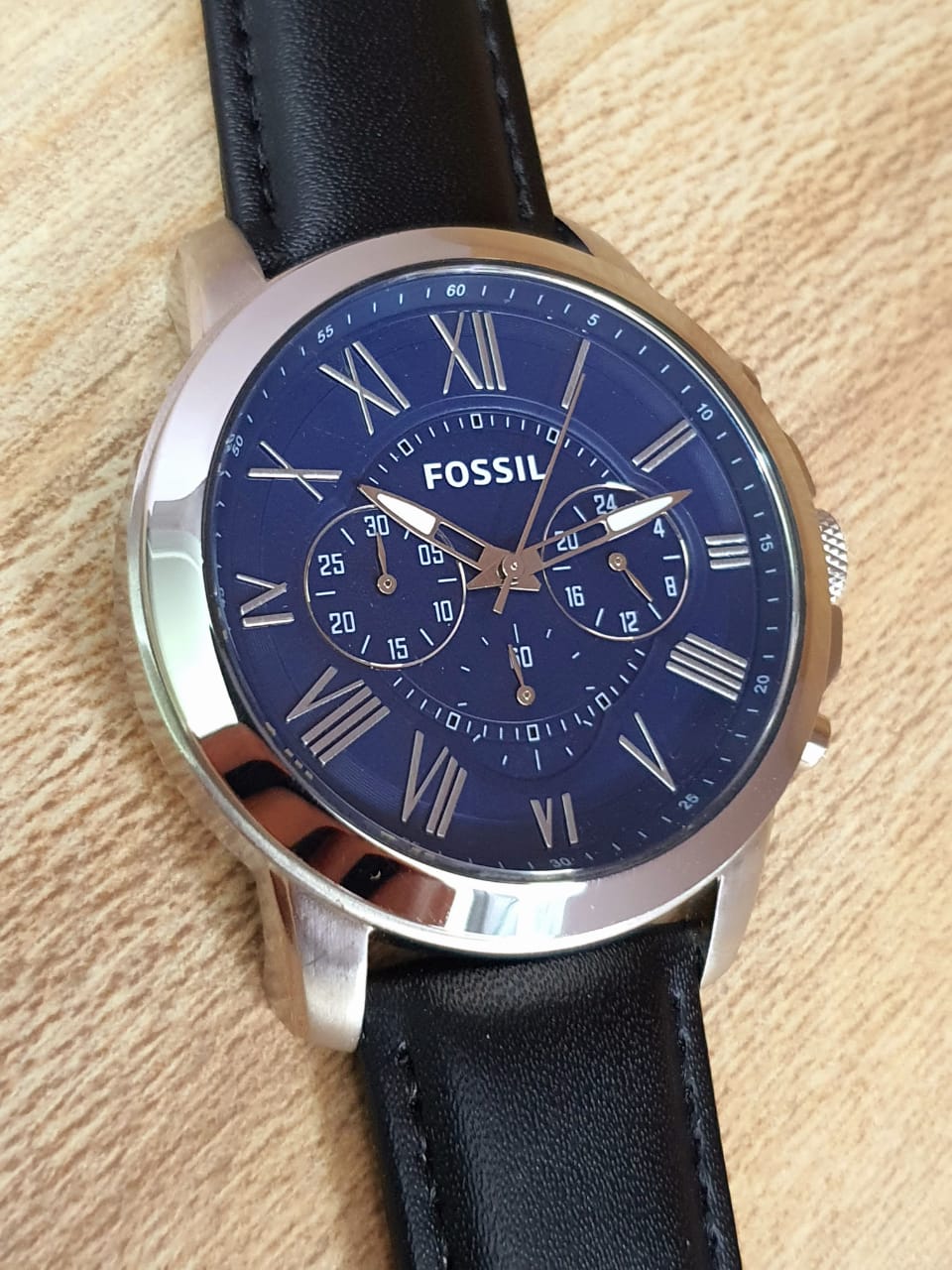 Fossil Grant Chronograph Blue Dial Black Leather Strap Watch for Men - FS4990 Watches Fossil   