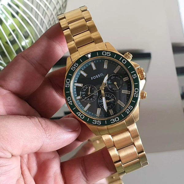 Fossil Bannon Multifunction Chronograph Green Dial Gold Steel Strap Watch for Men - BQ2493 Watches Fossil   