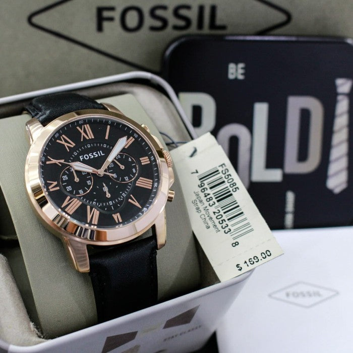 Fossil Grant Chronograph Black Dial Black Leather Strap Watch for Men - FS5085 Watches Fossil   