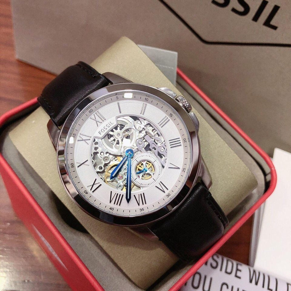 Fossil Grant Skeleton White Dial Black Leather Strap Watch for Men -  ME3053 Watches Fossil   