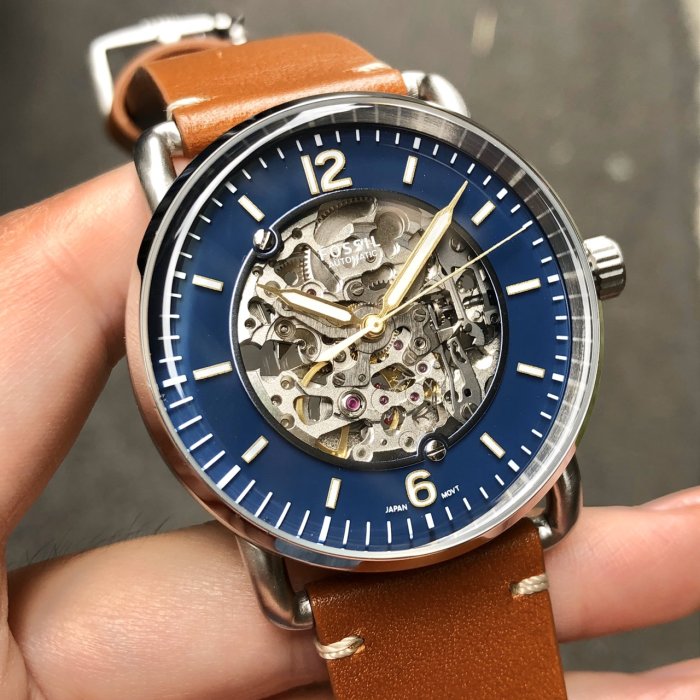 Fossil Commuter Automatic Skeleton Blue Dial Brown Leather Strap Watch for Men - ME3159 Watches Fossil   