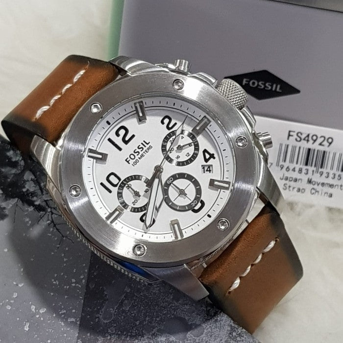 Fossil Modern Machine White Dial Brown Leather Strap Watch for Men - FS4929 Watches Fossil   