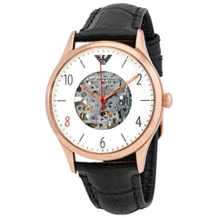 Emporio Armani Meccanico White Skeleton Dial Black Leather Strap Watch For Men - AR1924 Watches Emporio Armani   