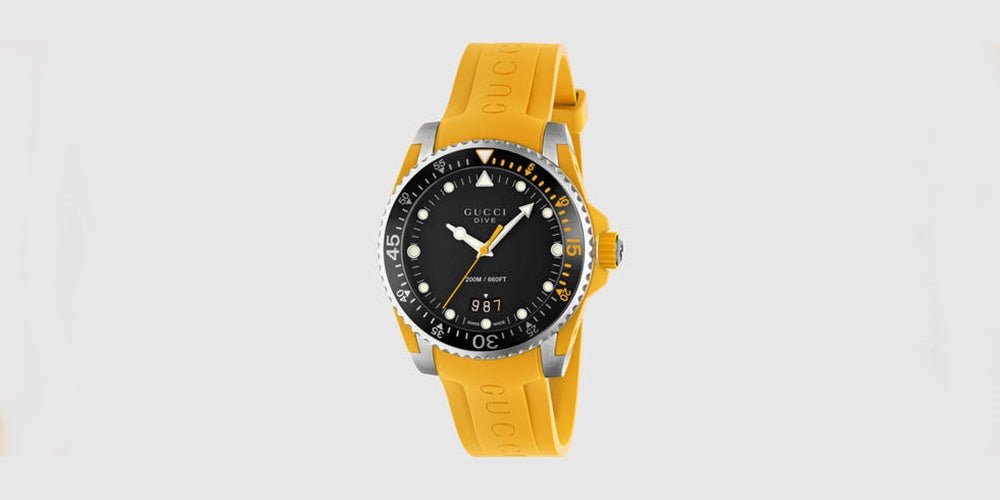 Gucci Dive Black Dial Yellow Rubber Strap Watch For Men - YA136319 Watches Gucci   