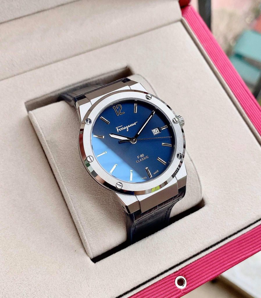 Salvatore Ferragamo F-80 Classic Blue Dial Blue Leather Strap Watch for Men - SFDT00319 Watches Salvatore Ferragamo   