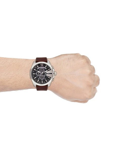 Diesel Mega Chief Black & Silver Round Dial Brown Leather Watch For Men - DZ4290 Watches Diesel   
