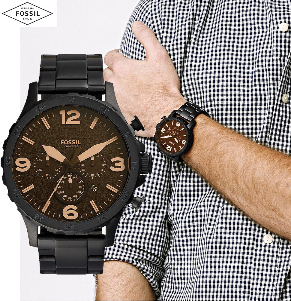 Fossil Nate Chrongraph Black Ion Plated Black Dial Black Steel Strap Watch for Men - JR1356 Watches Fossil   