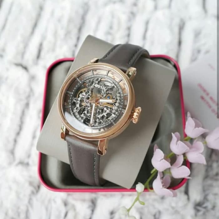 Fossil Boyfriend Automatic Skeleton Grey Dial Grey Leather Strap Watch for Women - ME3089 Watches Fossil   