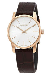 Calvin Klein City White Mother of Pearl Dial Brown Leather Strap Watch for Women - K2G23620 Watches Calvin Klein   