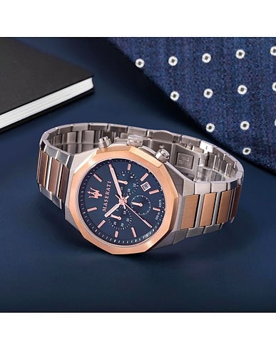 Maserati Stile Chronograph Blue Dial Rose Gold Two Tone Strap Watch For Men - R8873642002 Watches Maserati   