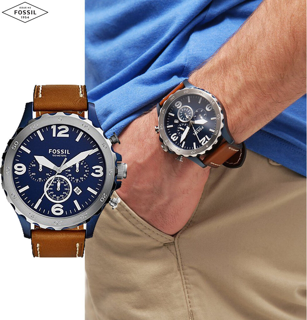 Fossil Nate Chronograph Navy Blue Dial Brown Leather Strap Watch for Men - JR1504 Watches Fossil   