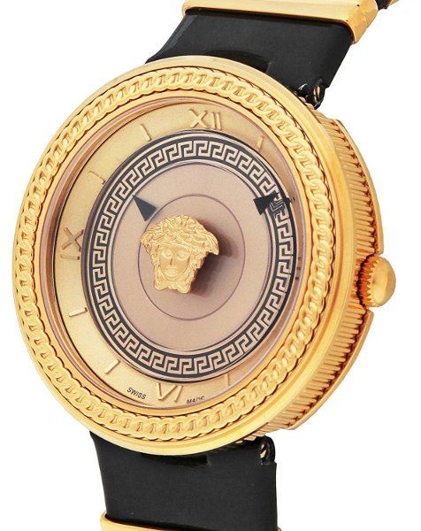 Versace V Metal Icon Gold Dial Black & Gold Strap Watch for Women - VLC030014 Watches Versace   