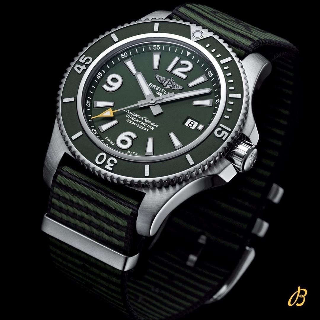 Breitling Superocean Automatic 44mm Outerknown Green Dial Green Nylon Strap Watch for Men - A17367A11L1W1 Watches Breitling   