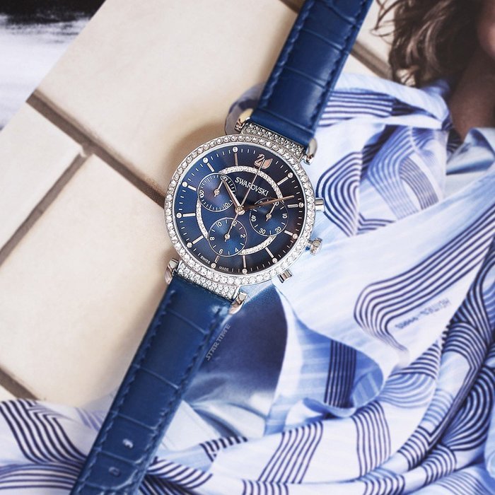 Swarovski Passage Chrono Crystal Blue Dial Blue Leather Strap Watch for Women - 5580342 Watches Swarovski   