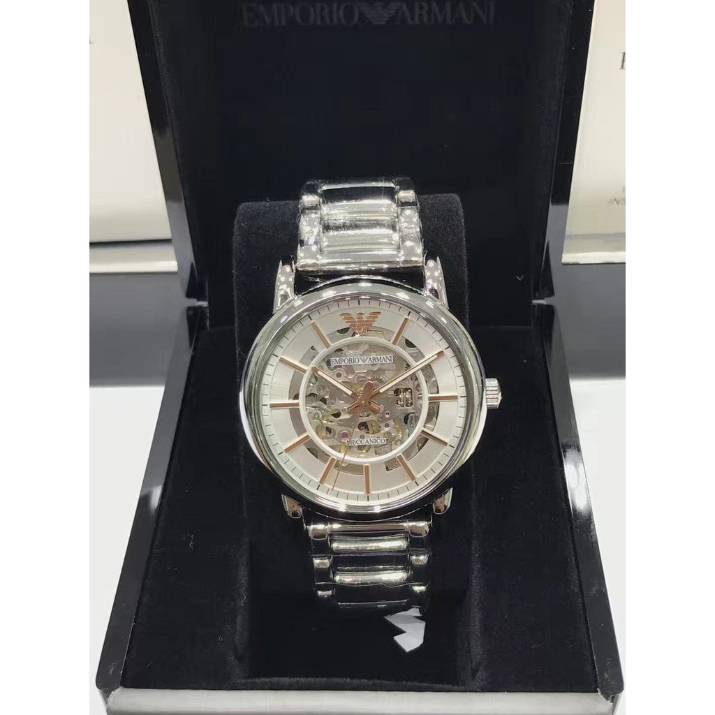 Emporio Armani Meccanico Silver Skeleton Dial Stainless Steel Watch For Men - AR1980 Watches Emporio Armani   