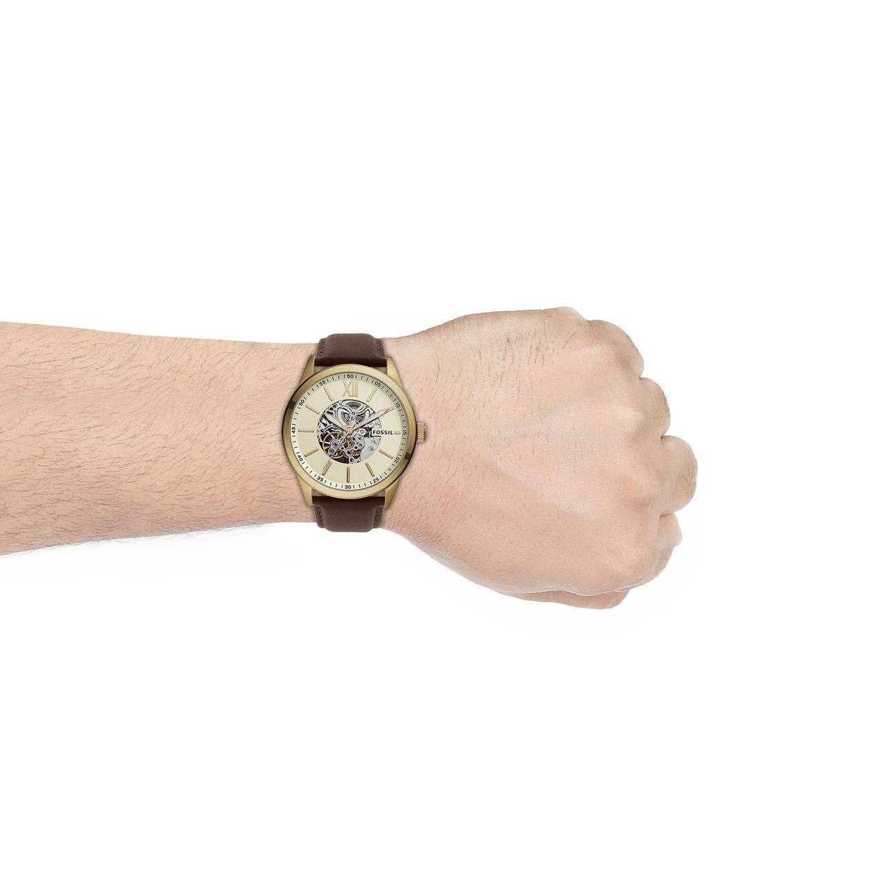 Fossil Flynn Mechanical Skeleton Champagne Dial Brown Leather Strap Watch for Men - BQ2215 Watches Fossil   