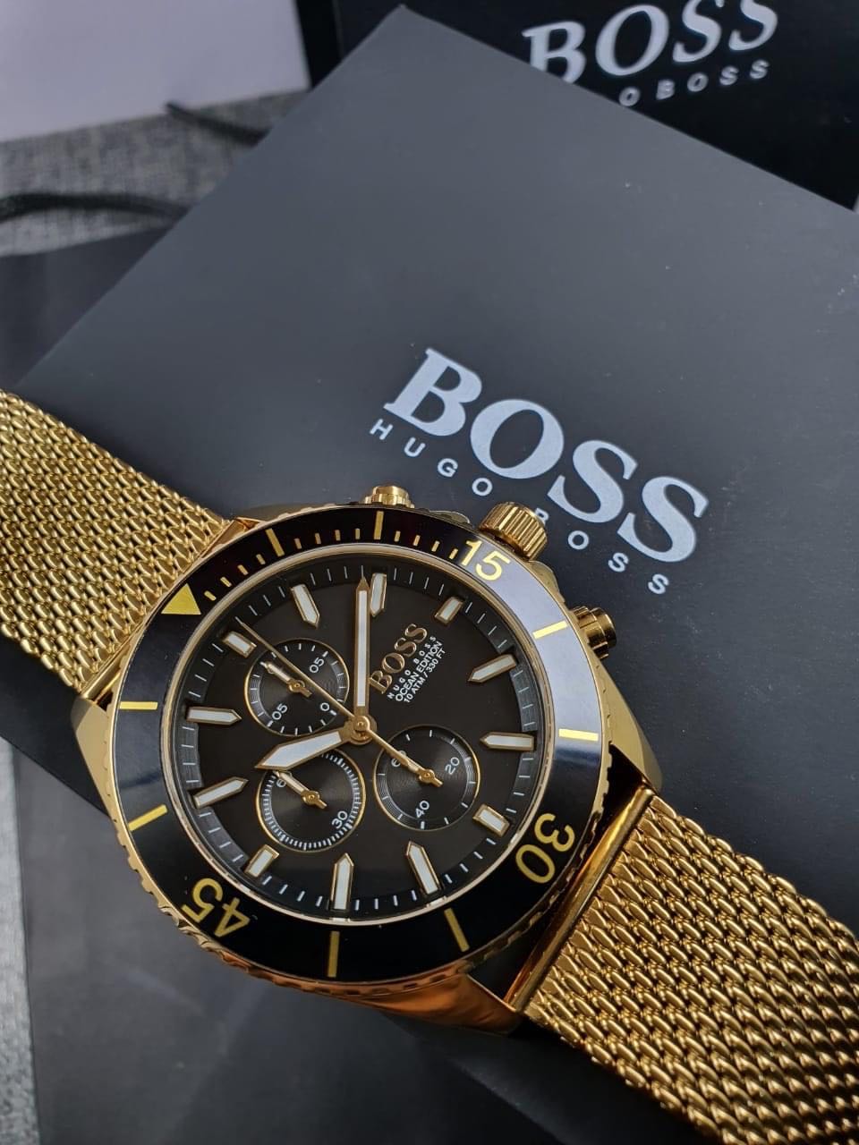 Hugo Boss Ocean Edition Black Dial Gold Mesh Bracelet Watch for Men - 1513703 Watches Hugo Boss   