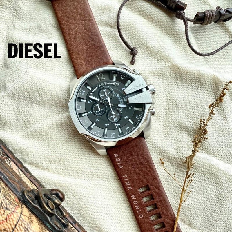 Diesel Mega Chief Black & Silver Round Dial Brown Leather Watch For Men - DZ4290 Watches Diesel   