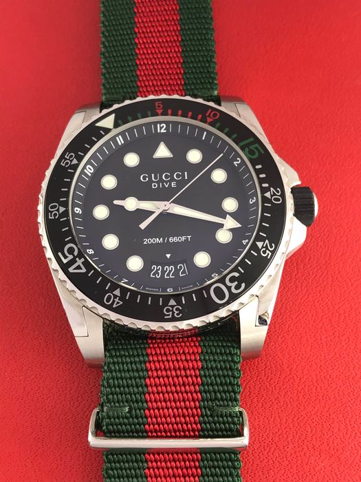 Gucci Dive Black Dial Green & Red Nylon Strap Watch For Men - YA136206 Watches Gucci   