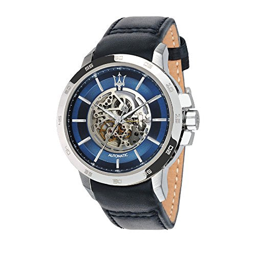 Maserati Ingegno Automatic Blue Skeleton Dial Black Leather Strap Watch For Men - R8821119004 Watches Maserati   