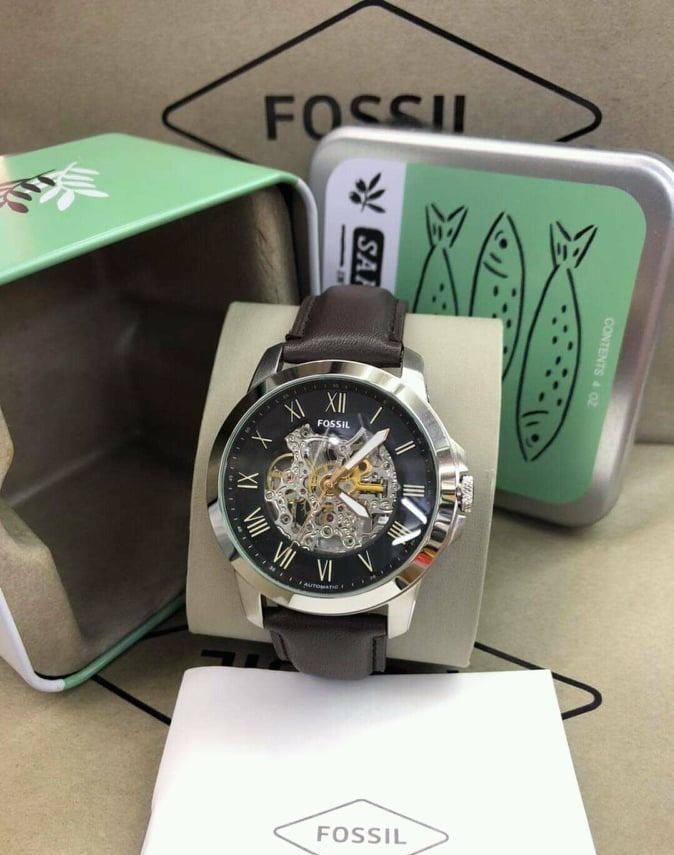 Fossil Grant Automatic Skeleton Black Dial Brown Leather Strap Watch for Men - ME3100 Watches Fossil   