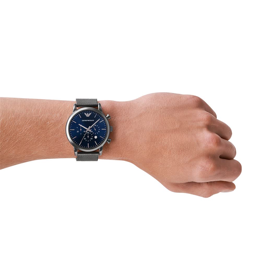 Emporio Armani Chronograph Blue Dial Gun Metallic Mesh Bracelet Watch For Men - AR1979 Watches Emporio Armani   