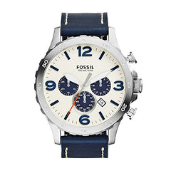 Fossil Nate Chronograph White Dial Blue Leather Strap Watch for Men - JR1480 Watches Fossil   