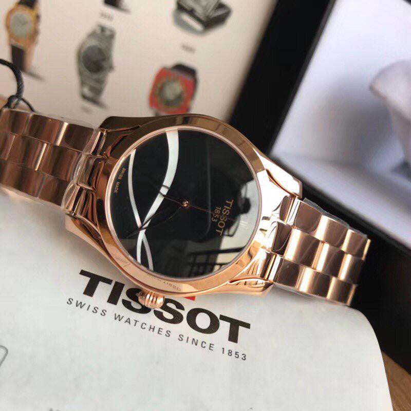 Tissot T Wave Black Dial Rose Gold Steel Strap Watch For Women - T112.210.33.051.00 Watches Tissot   