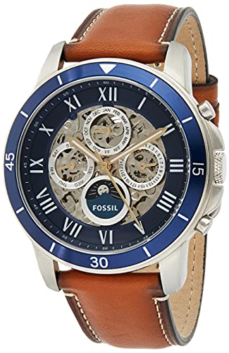 Fossil Grant Sport Automatic Skeleton Blue Dial Brown Leather Strap Watch for Men - ME3140 Watches Fossil   