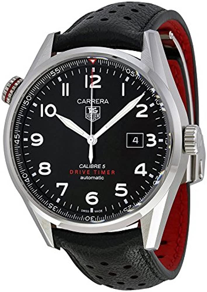 Tag Heuer Carrera Calibre 5 Drive Timer Black Dial Black Leather Strap Watch for Men - WAR2A10.FC6337 Watches Tag Heuer   